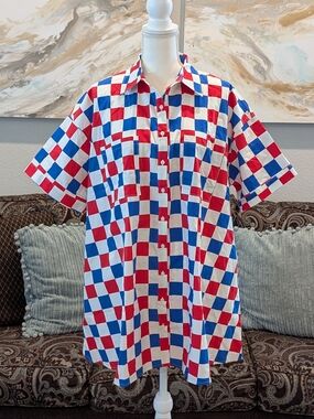 Woman's  Short-Sleeve Button-Up Shirt in Red, White & Blue Check